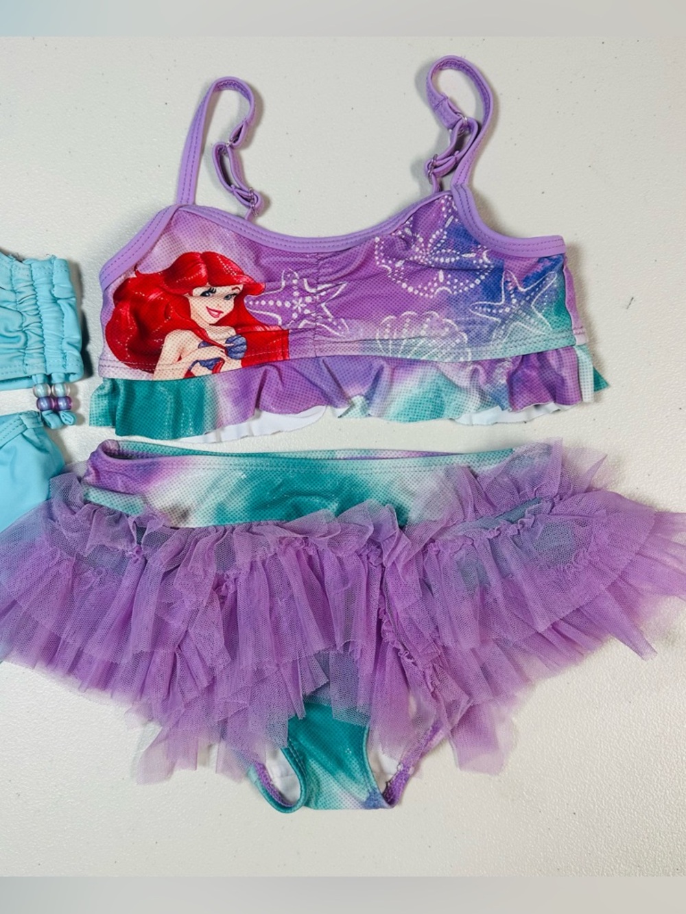 2 set of Disney Blue Tinker Bell & Purple Ariel Girls Two-Piece Swim Sets - Picture 2 of 7